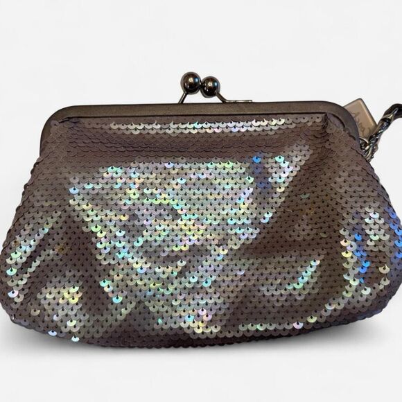 Silver Sequin COACH Julia Wristlet with Kiss lock and Wrist Strap Prom Formal